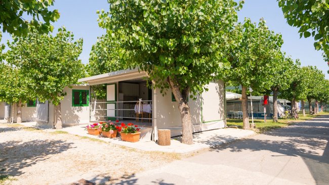 Bungalow con fiori in vaso e alberi intorno.