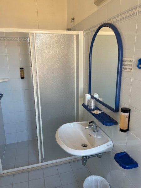 Bagno con doccia e specchio ovale.