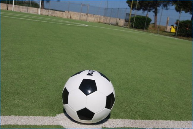 Pallone da calcio su campo in erba sintetica.