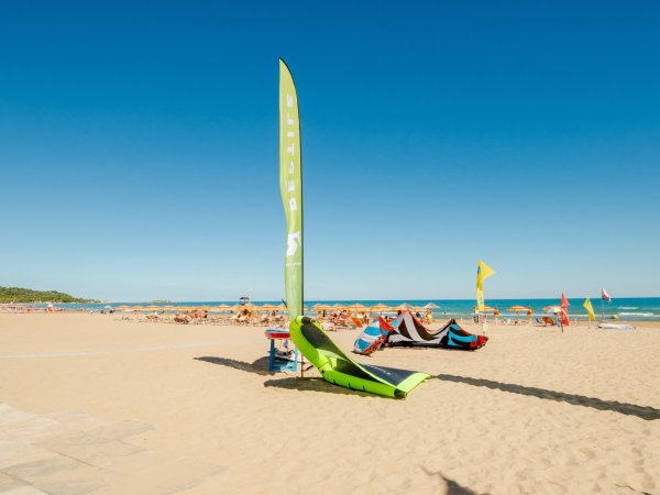 Spiaggia sabbiosa con vele e sdraio.