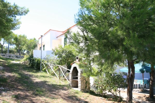 Un giardino con forno in pietra e alberi.