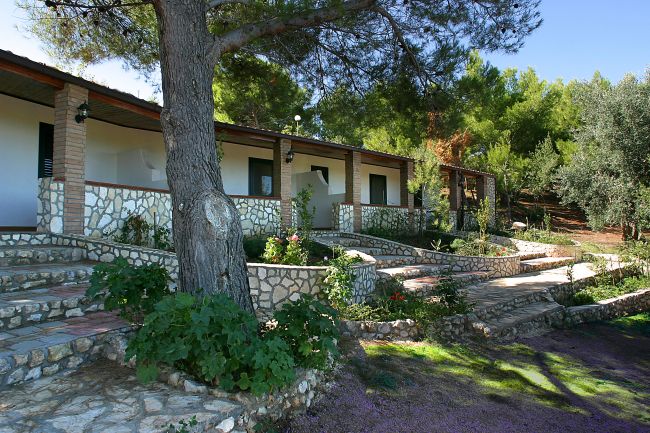 Bungalow con terrazza immersi nel verde, circondati da piante e alberi.