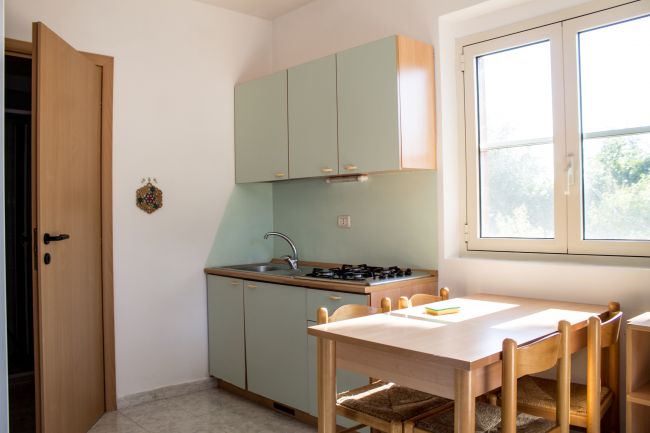 Cucina compatta con mobili verdi, tavolo e finestre luminose.