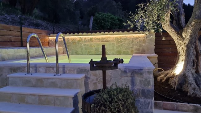 Piscina con scale e albero illuminato.