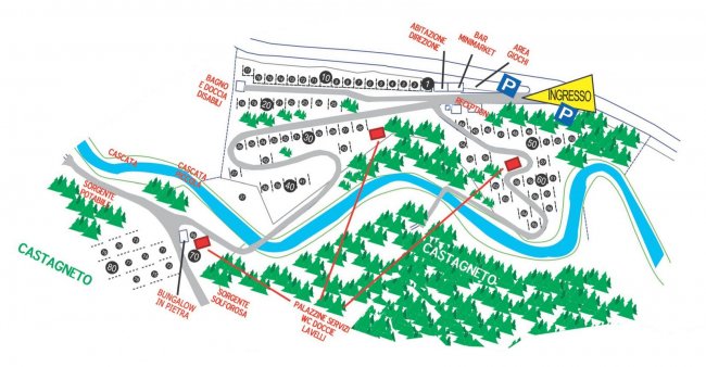 Mappa di un'area campeggio con fiume e parcheggi.