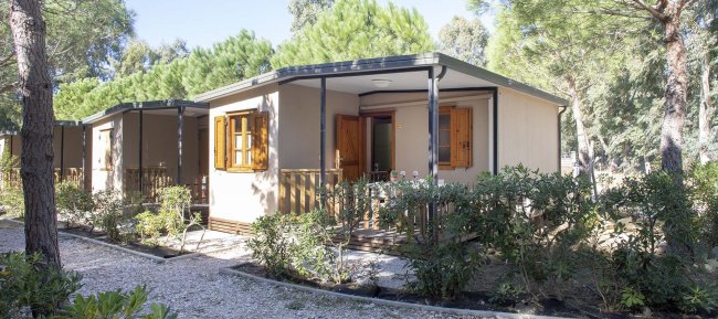 Bungalow con veranda e finestre in legno.