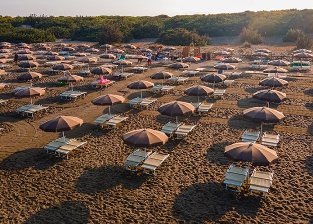 Spiaggia con file di ombrelloni e lettini.