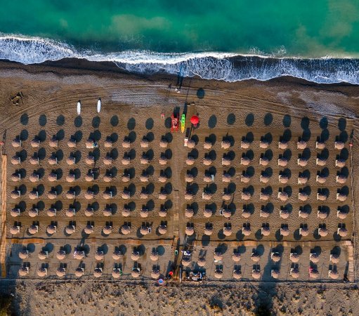 Vista aerea della spiaggia con ombrelloni allineati.