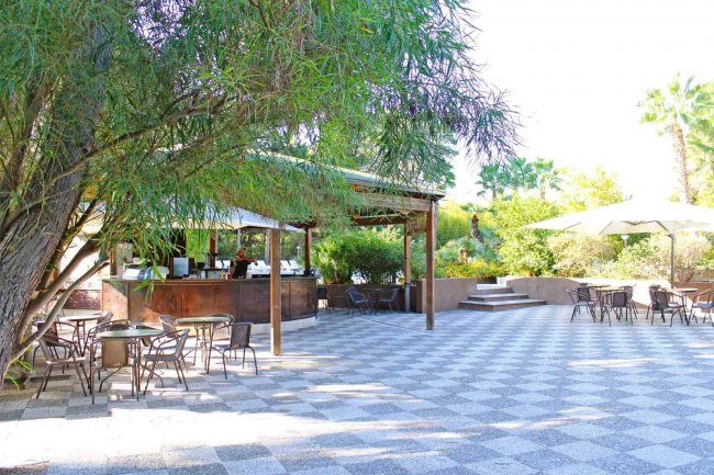 Bar all'aperto con tavoli sotto alberi e ombrelloni.