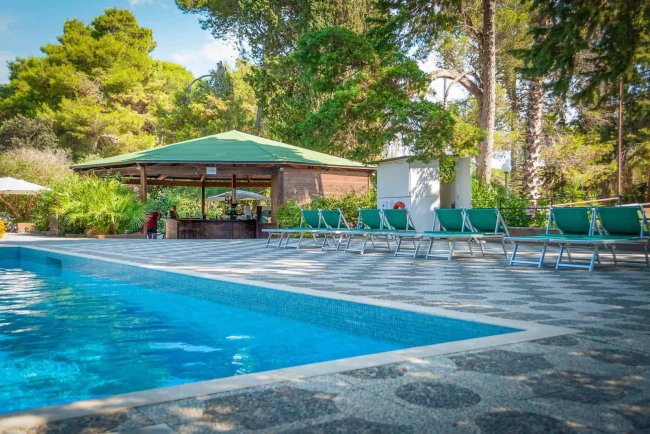 Piscina con sdraio e bar in giardino verde.