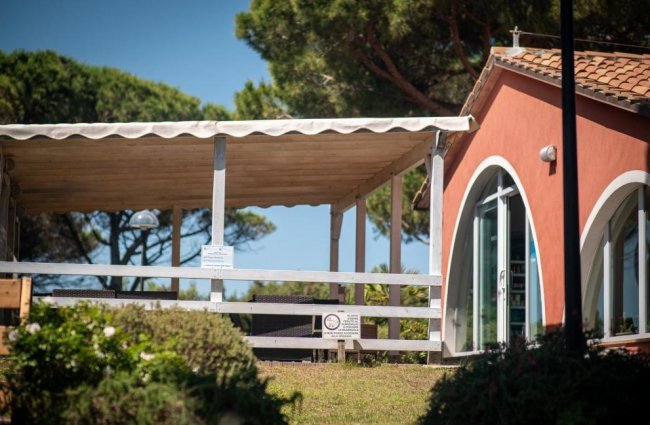 Struttura con tettoia e archi, circondata da alberi.