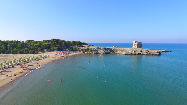 Spiaggia con torre antica e mare calmo.
