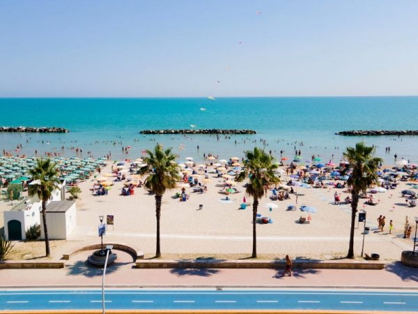 Spiaggia affollata con palme e mare.