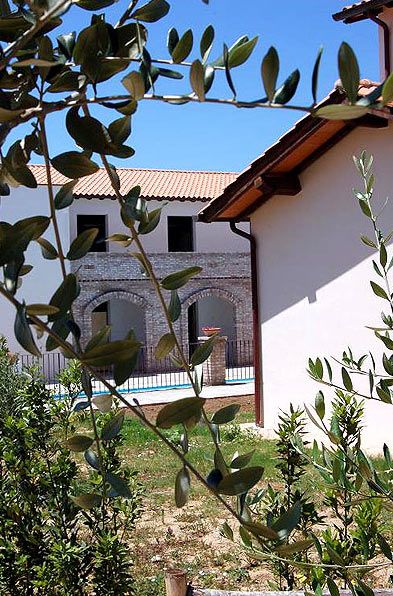 Ramo di ulivo in primo piano davanti ad edifici con mura in pietra e tetti in tegole.