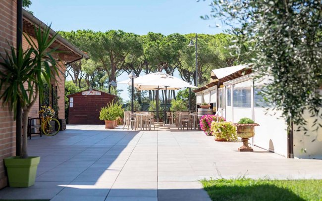 Cortile con tavoli, ombrelloni e vegetazione.