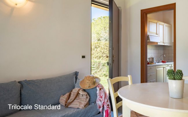 Stanza con divano, tavolo tondo, cucina a vista e porta aperta sul verde.