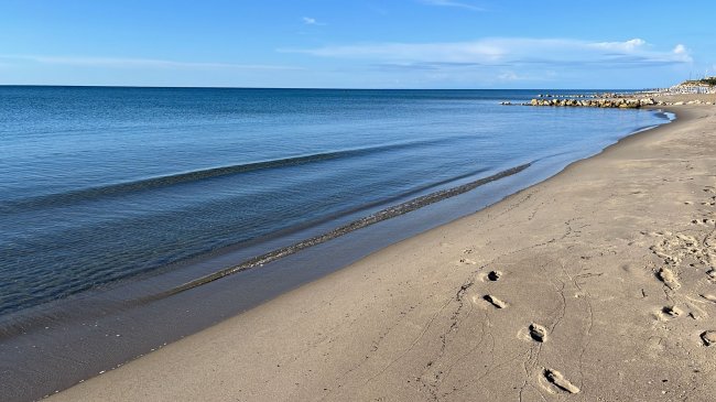Spiaggia deserta con sabbia, mare calmo e orizzonte azzurro.
