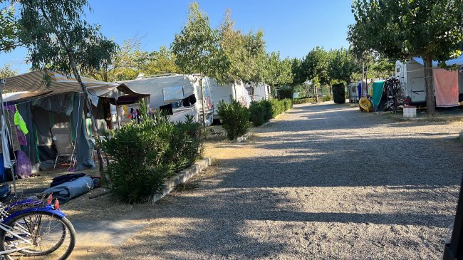 Area camping con roulotte e alberi lungo un vialetto di ghiaia.