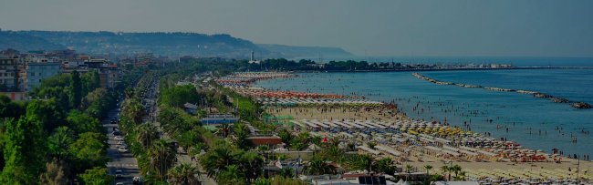 Lungomare con spiaggia affollata e palme.