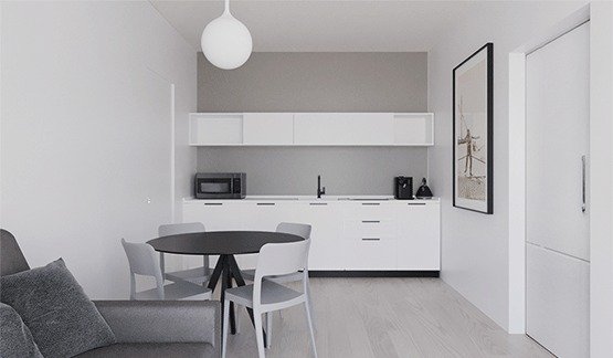 Cucina moderna con tavolo e sedie, illuminazione minimalista.