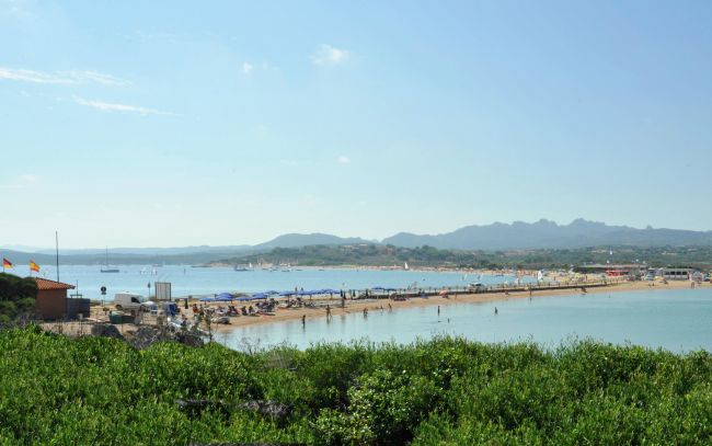 Una spiaggia con ombrelloni e colline sullo sfondo.
