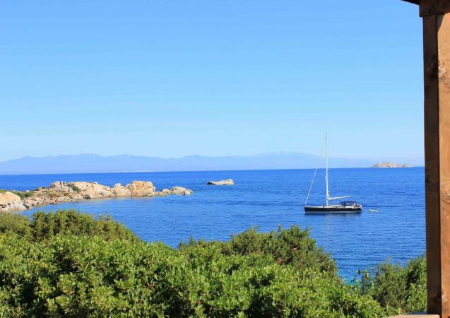 Barca a vela in mare blu con costa rocciosa e cespugli verdi.