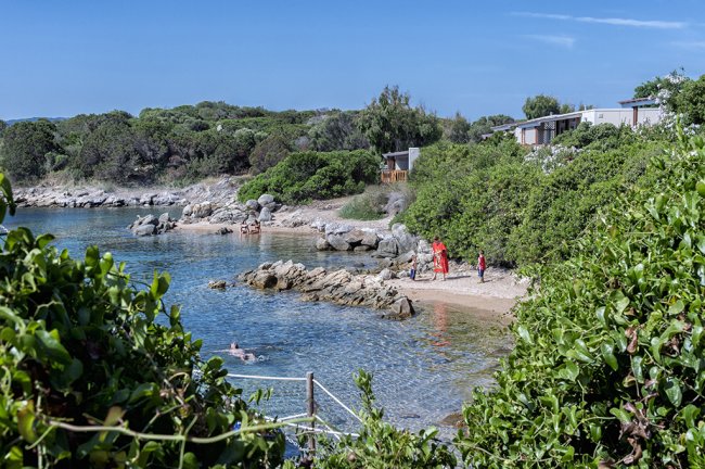 Una spiaggia rocciosa con vegetazione e persone.