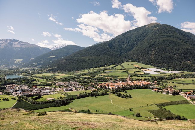 Panorami di campi verdi e montagne.