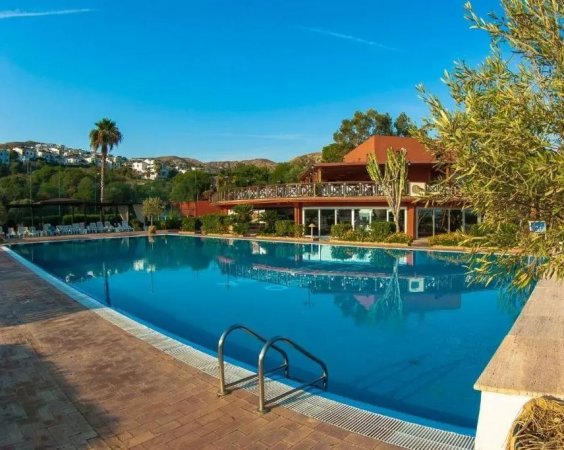 Ampia piscina con scaletta, circondata dal verde e un edificio rosso.