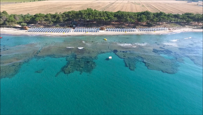 Vista aerea di una spiaggia con mare cristallino.