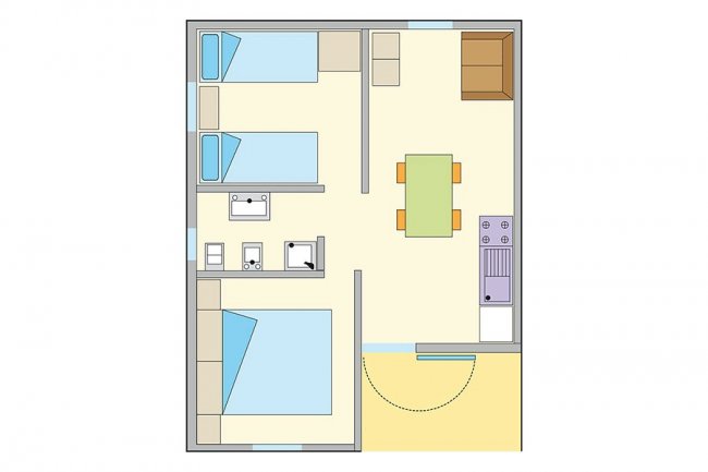 Piantina di un appartamento con due camere e cucina.