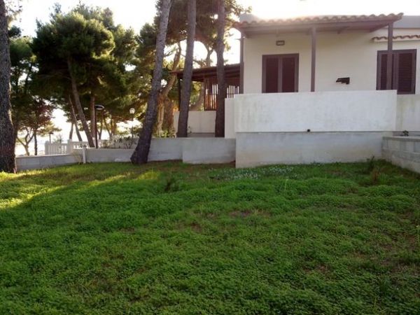 Una casa con veranda vista dal giardino erboso con alberi intorno.