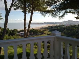 Vista di una spiaggia e del mare da un balcone con balaustra bianca, circondato da alberi.