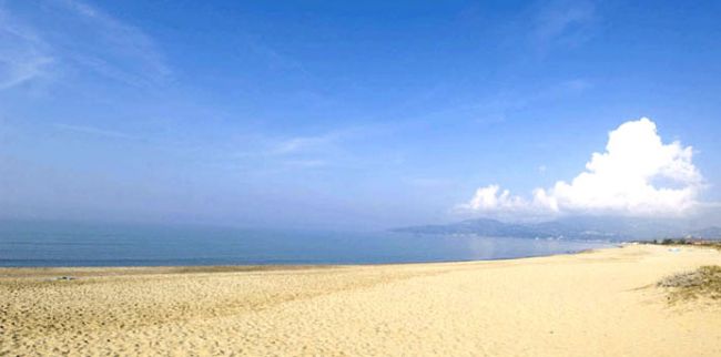 Una lunga spiaggia di sabbia con il mare calmo e un cielo sereno.