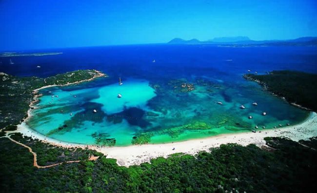 Spiaggia con mare turchese vista dall'alto, circondata da vegetazione.