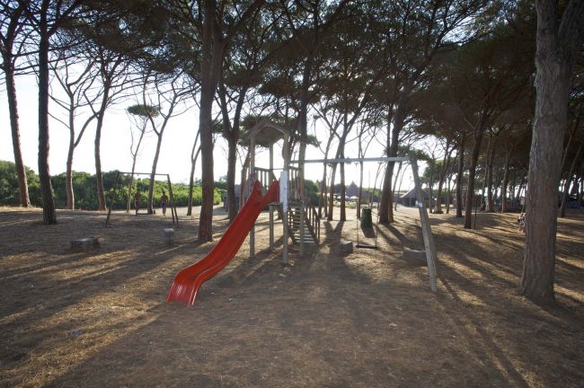 Area giochi con scivolo e altalene tra alberi in un bosco.