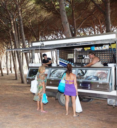 Furgone alimentare in pineta con clienti.