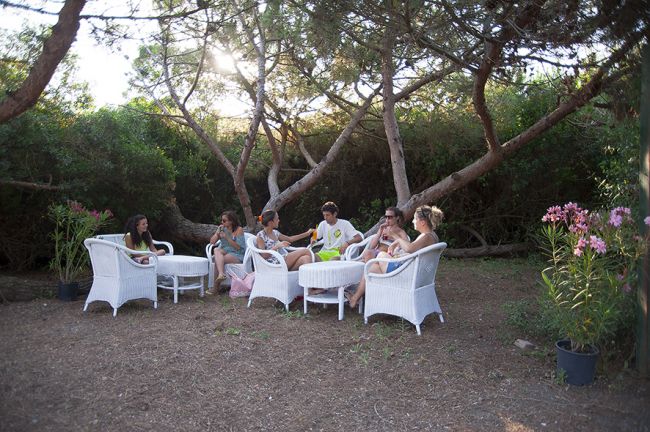 Persone su poltrone bianche in giardino sotto alberi.