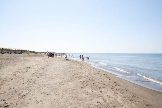 Spiaggia sabbiosa con gente vicino all'acqua.