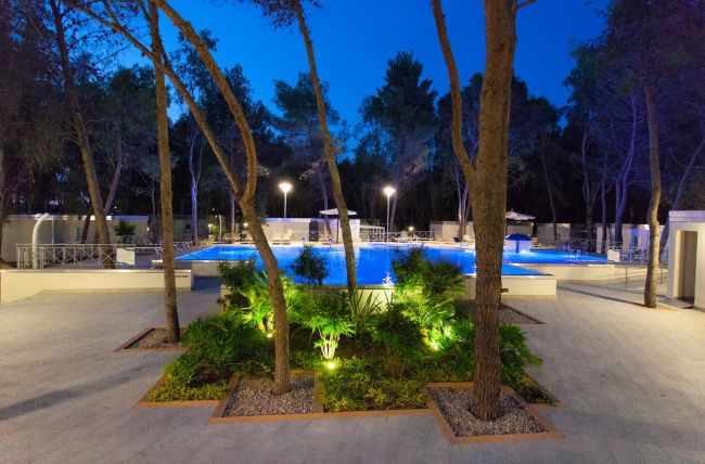 Piscina circondata da alberi e luci, fotografata al crepuscolo.