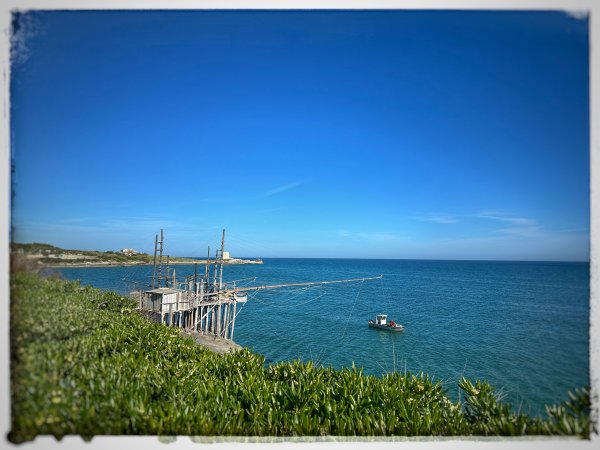 Paiara di legno con vista sul mare blu e cielo sereno.