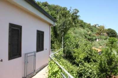 Lato di una casa rosa con finestre chiuse, circondata da alberi verdi sotto un cielo blu chiaro.