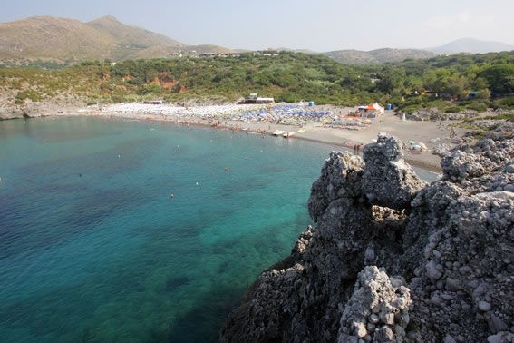 Baia con acqua cristallina, vegetazione rigogliosa sulla riva e rocce in primo piano.