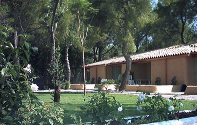 Un'area verde con erba e fiori davanti a un edificio con tetto in tegole e portico, alberi intorno.