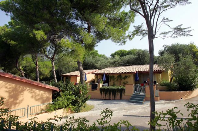 Casa con tetto in tegole circondata da alberi verdi e cespugli, con ombrelloni blu su una terrazza.