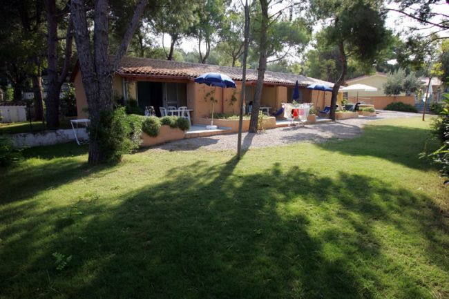 Bungalow con terrazza e ombrelloni blu. Circondato da alberi e prato verde.