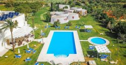 Piscina rettangolare e rotonda, circondate da giardino e lettini.