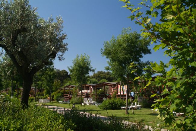 Giardini verdi con bungalow in legno sullo sfondo tra alberi e cespugli sotto un cielo blu.
