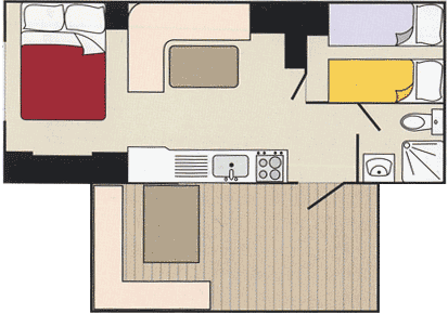 Piantina di un appartamento con due camere, bagno, cucina e zona soggiorno.