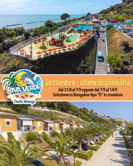Water park e bungalow con palme vicino al mare. Scritta promozionale sovrapposta.